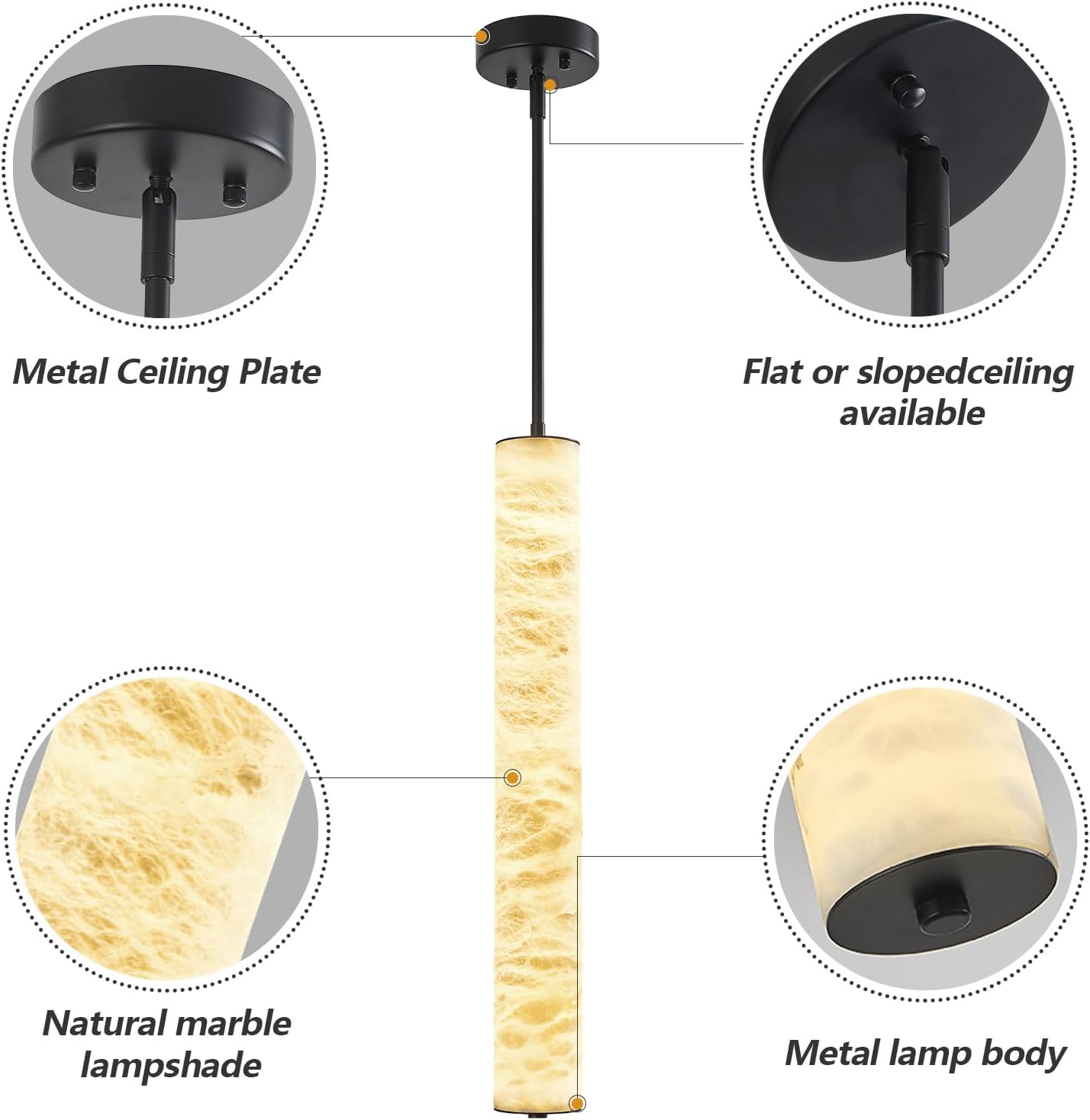 LMQNINE Natural Alabaster Pendant Lights White Marble 24" Long Tube Adjustable Boom Chandelier Modern 3000K Black Ceiling Light for Kitchen Island Bedroom Dining Room Living Room Hallway(M-2Pack)