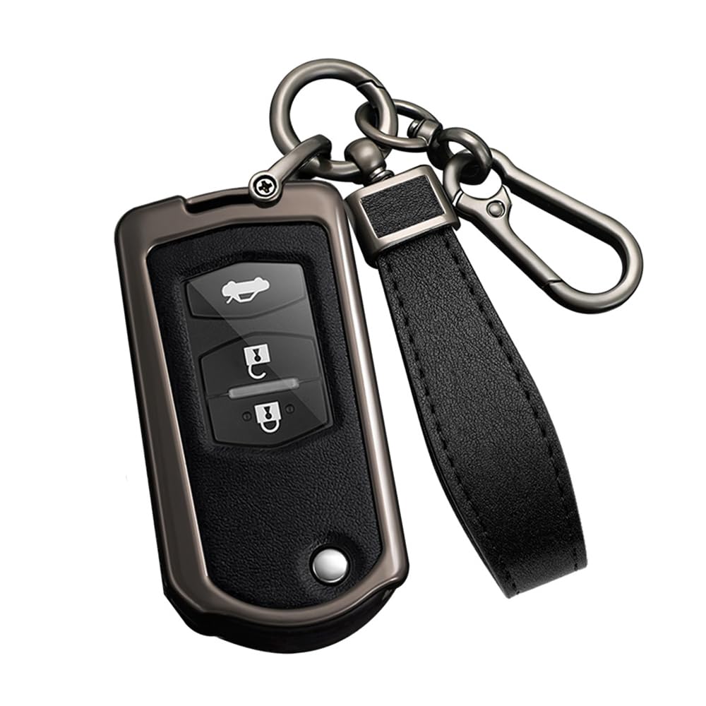 ontto Metal Car Key fob Cover Fit for Mazda 2 3 5 6 CX7 CX9 M6 RX8 MX5 Miata SPEED 3 MPV 2/3 buttons Leather Flip Key case Shell key holder bag keyring keychain protector accessories Black