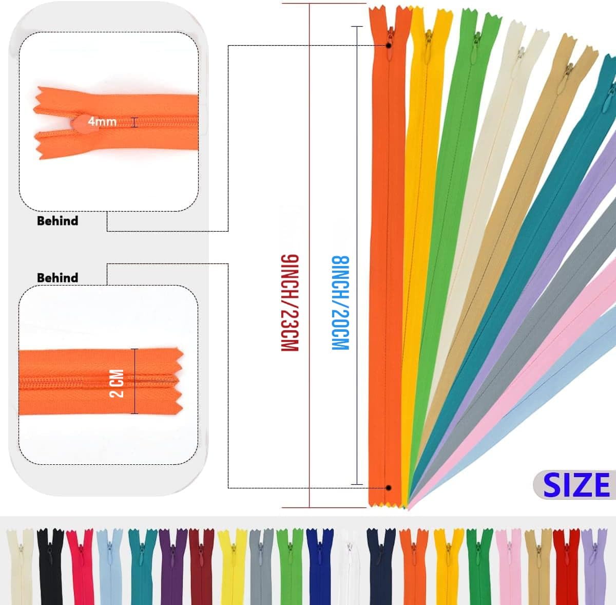 RIANZ® 8 Inch - 30 Pcs Nylon Invisible Zippers, Sewing Bulk Zip Supplies in 15 Colors for Tailor Sewing Crafts, Dresses, Skirts, Pants and DIY Crafter's Special (Multicolor - Pack of 30) 1
