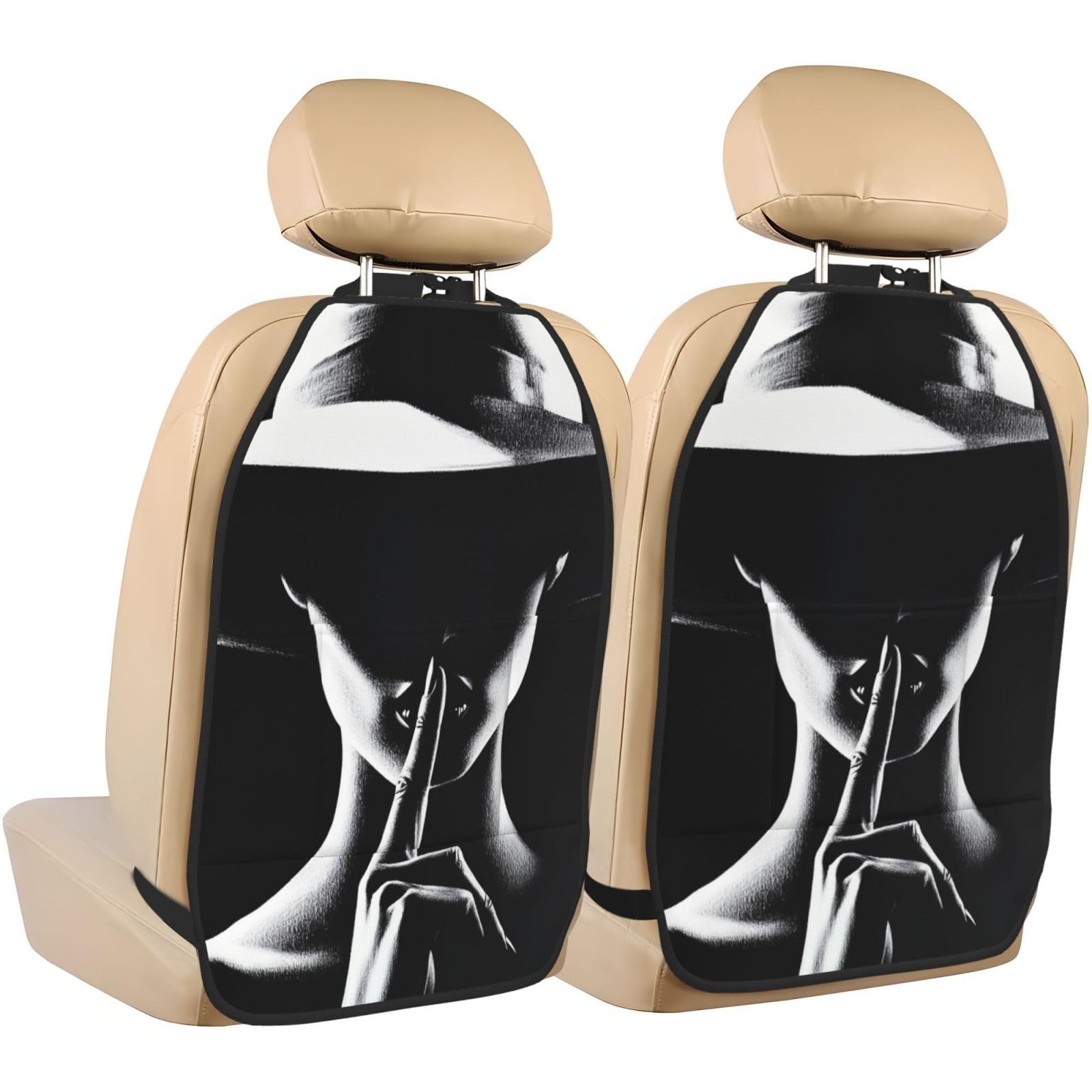 Woman Finger To Lips Silence Gesture Car Seat Back Kick Protectors,2 Pack Kick Mats With Storage Pockets For Vehicles To Protect From Dirt Mud Scratches