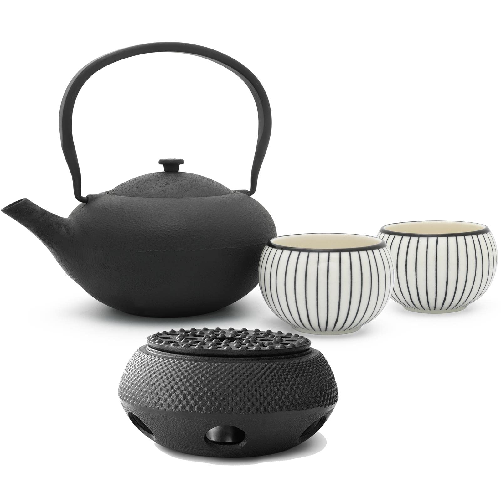 Bredemeijer Gusseisen Tee Set 1.0 Liter Teekanne mit Stövchen & 2 Porzellan-Tassen (Becher) & Edelstahl Tee-Filter Sieb-Einsatz - ideal für lose Teesorten