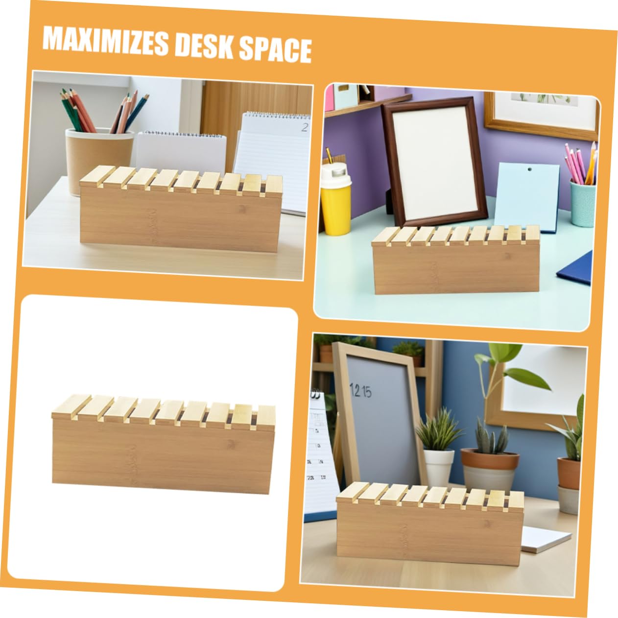 Organizer da Scrivania in Legno Beige con Supporto Telefono | Gestione Cavi Integrata, Scatola per Multipresa, Design Elegante per Ufficio e Studio Domestico