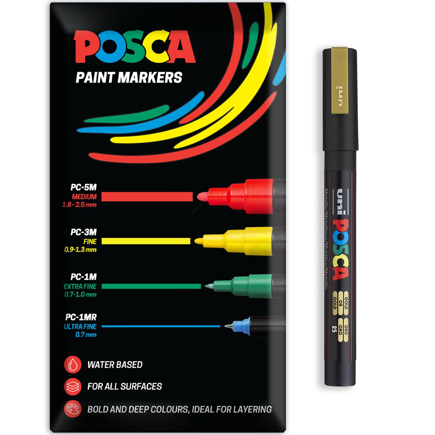 Posca Water Based Acrylic Paint Marker Pens | Multi Surface Use Permanent Paint Pen | Pack of 1 in Envelope Gift Packaging | Glass, Fabric, Canvas, Wood etc | PC-3M, Gold