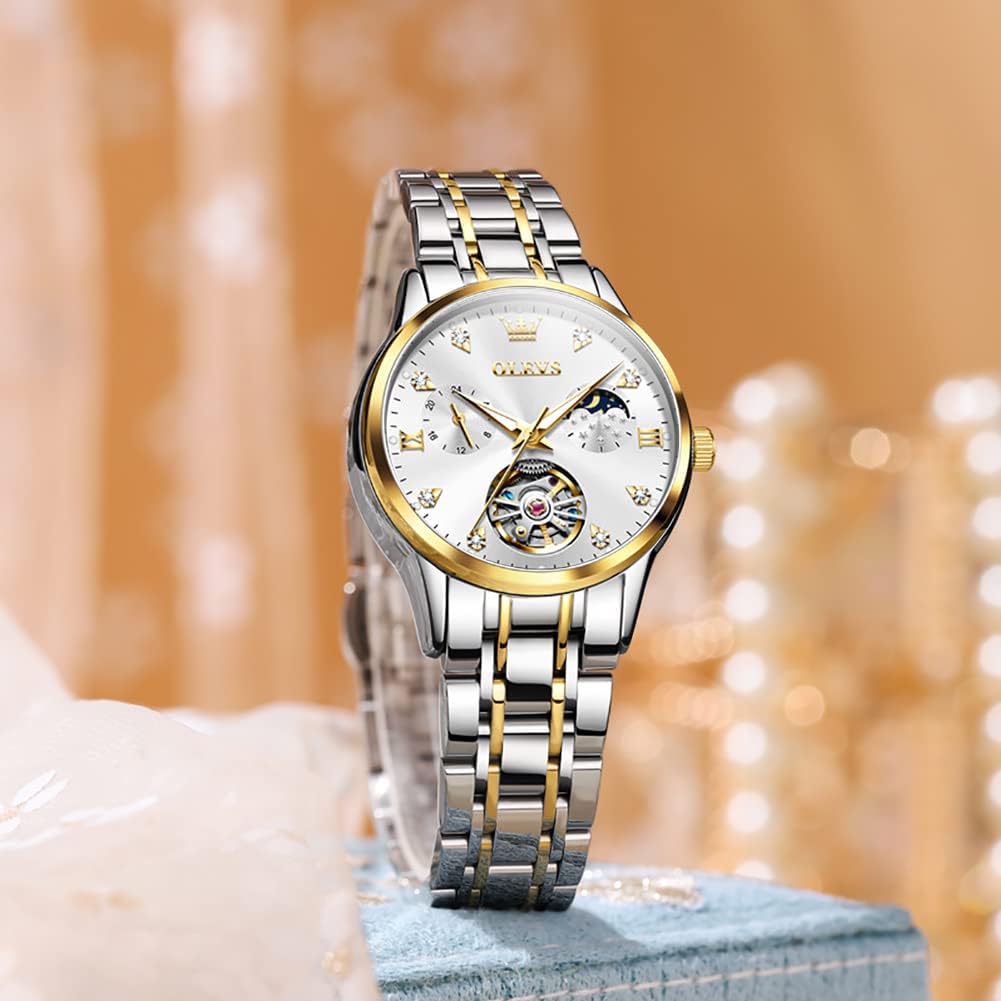 OLEVS Automatic Women Watches Diamond Tourbillon Dress Wrist Watches Moon Phase Waterproof Luminous - Image 6