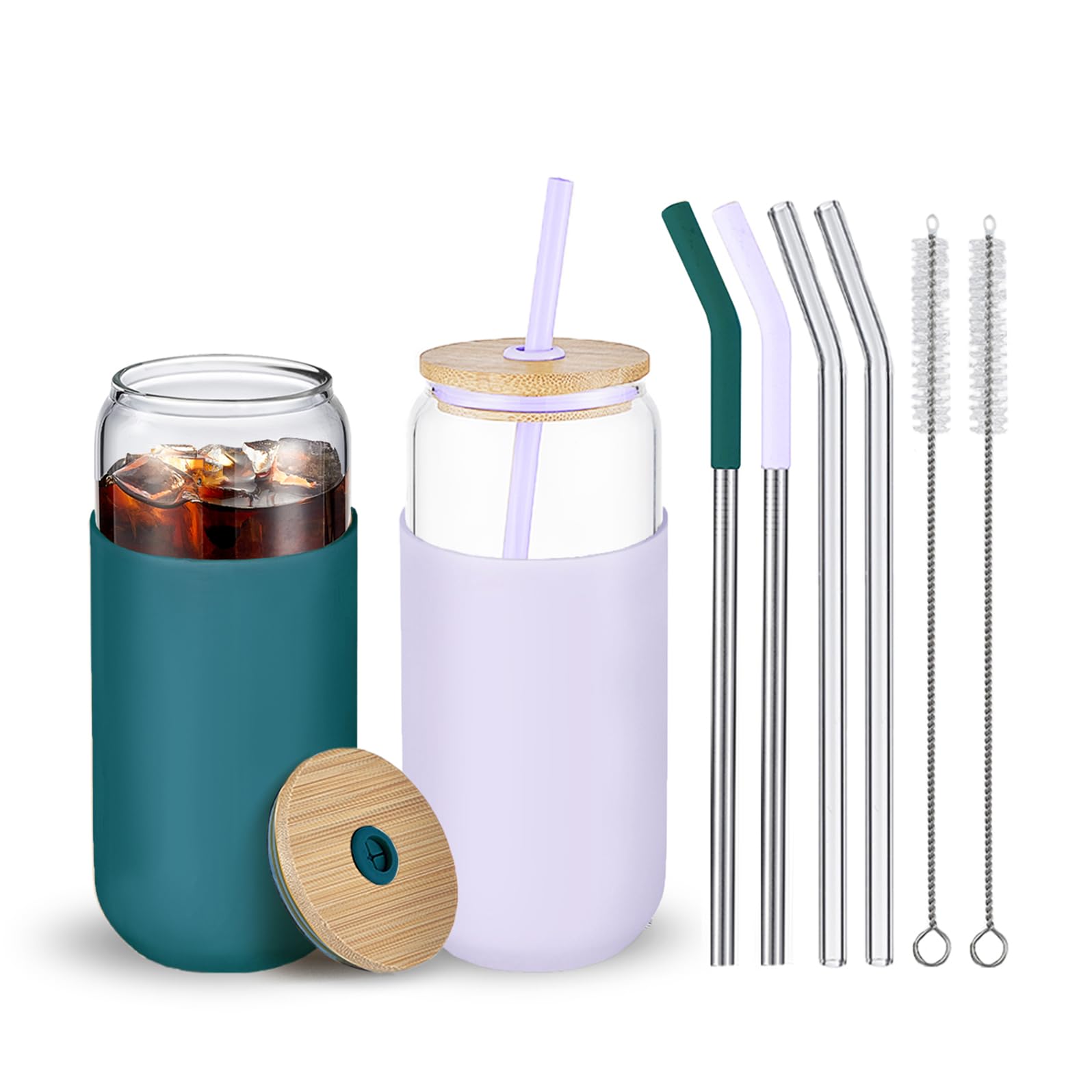 WillCome Drinking Glasses with Bamboo Lids and Glass Straw 2pcs Set - 20oz Can Shaped Glass Cups,Gift-Forest Green,Purple