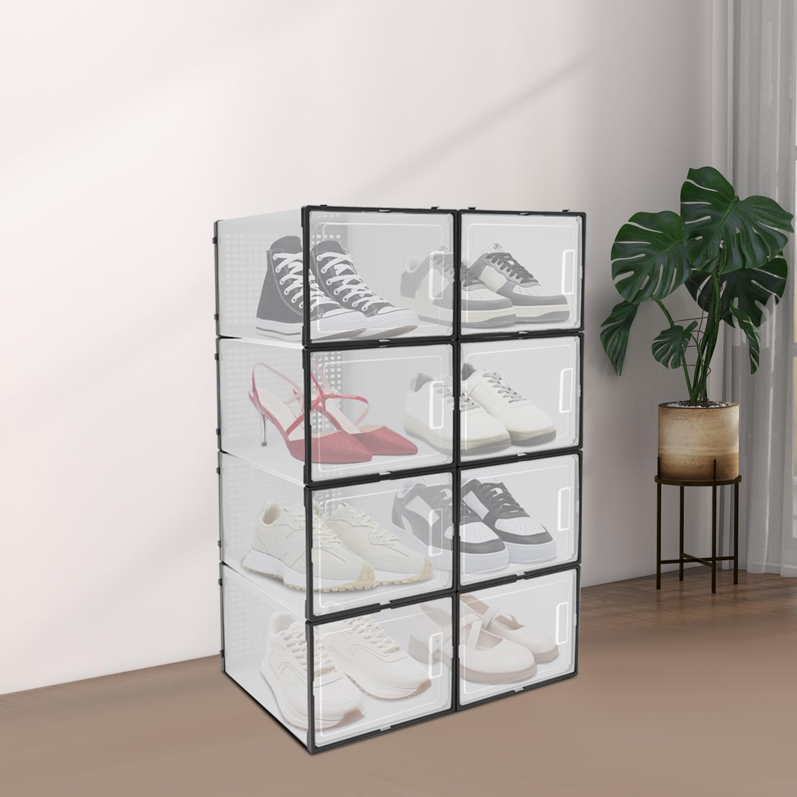 Cajas de zapatos apilables, juego de 8, 37 x 26 x 20 cm, resistentes, reforzadas (3,43 kg) de plástico con tapa, cajas de plástico transparentes y apilables