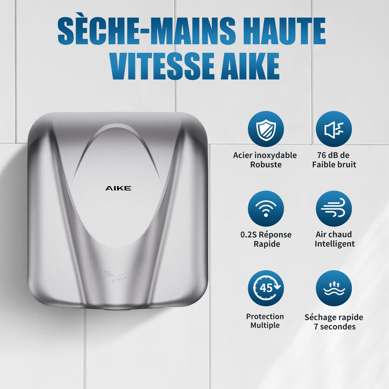 AIKE Elephant Sèche Mains Commercial, Haute Vitesse, Acier Inoxydable Durable pour Toilettes à Fort Trafic, 220V Brossé AK2812