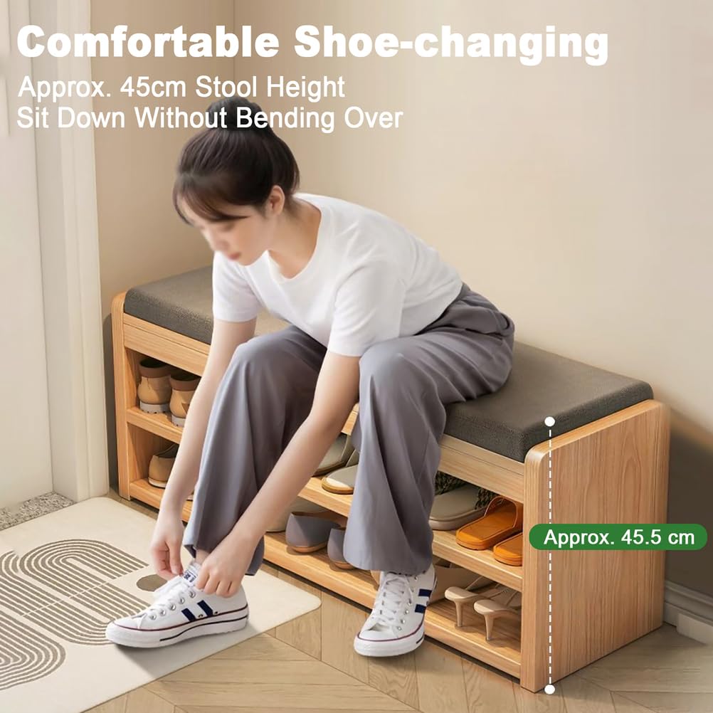 Bancos para Zapatos En La Entrada Estantes para Zapatos En El Pasillo con Cojín Taburetes De Dos Niveles con Espacio Bancos para Zapatos De Madera Maciza para El Salón,Natural,100×30×45.5cm