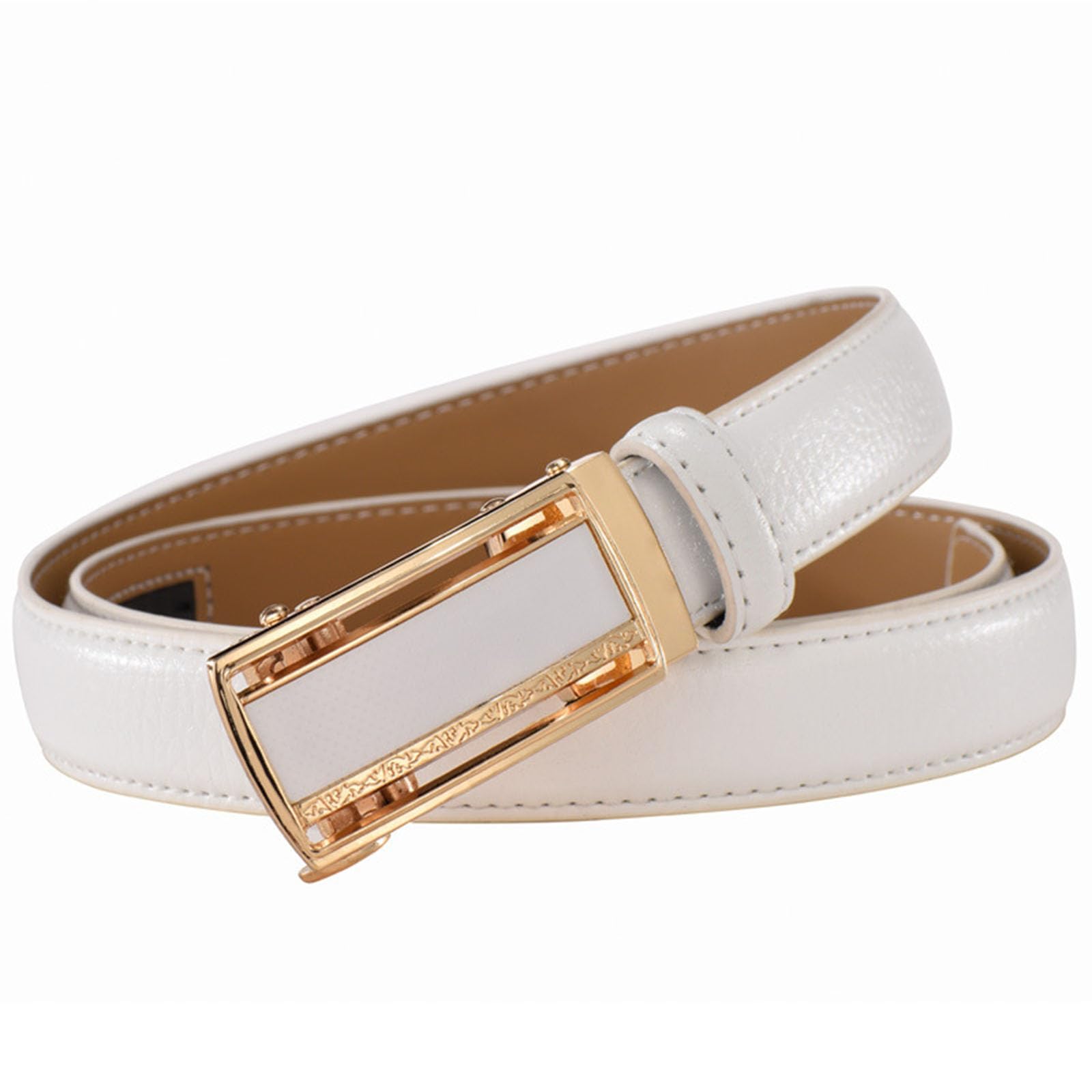 Wrjahcg Unisex White Ratchet Womens Belts Fashion, 2.4Cm Adjustable Thin Leather Belt With Square Alloy Automatic Buckle,,110Cm/43.3''