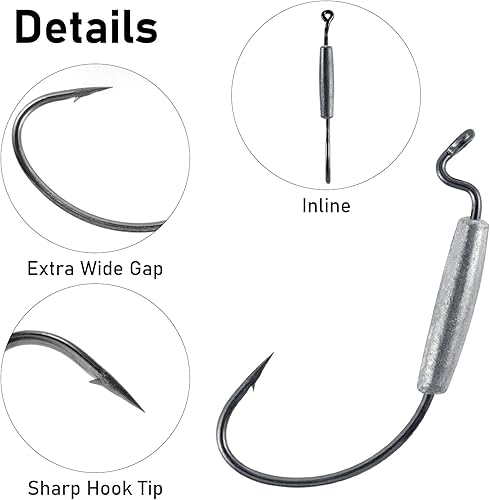 Miniatura 3 de Dr.Fish Paquete de 15 anzuelos con peso para pesca de lubina, ganchos de gusano con peso para señuelos de plástico suave, ganchos extra anchos para