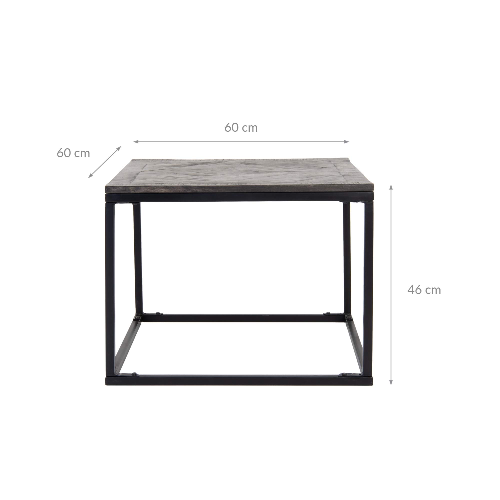 Tavolino Basso da Caffè 60 x 60 cm Quadrato Grigio Legno Massello di Mango Naturale Tavolo da Divano per Soggiorno Struttura in Metallo Nero da Salotto Fatto a Mano