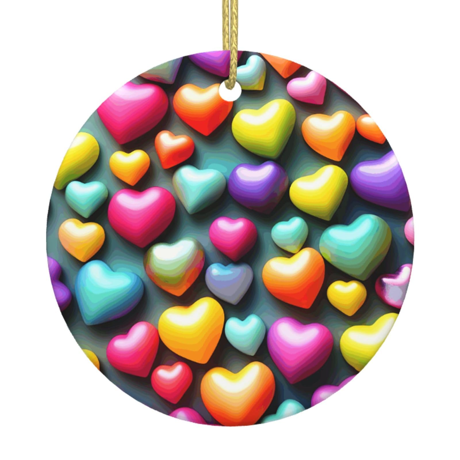 Colorful Rainbow Hearts Print Christmas Ornaments, Ceramic Hanging Ornament, Round Shape Decorations