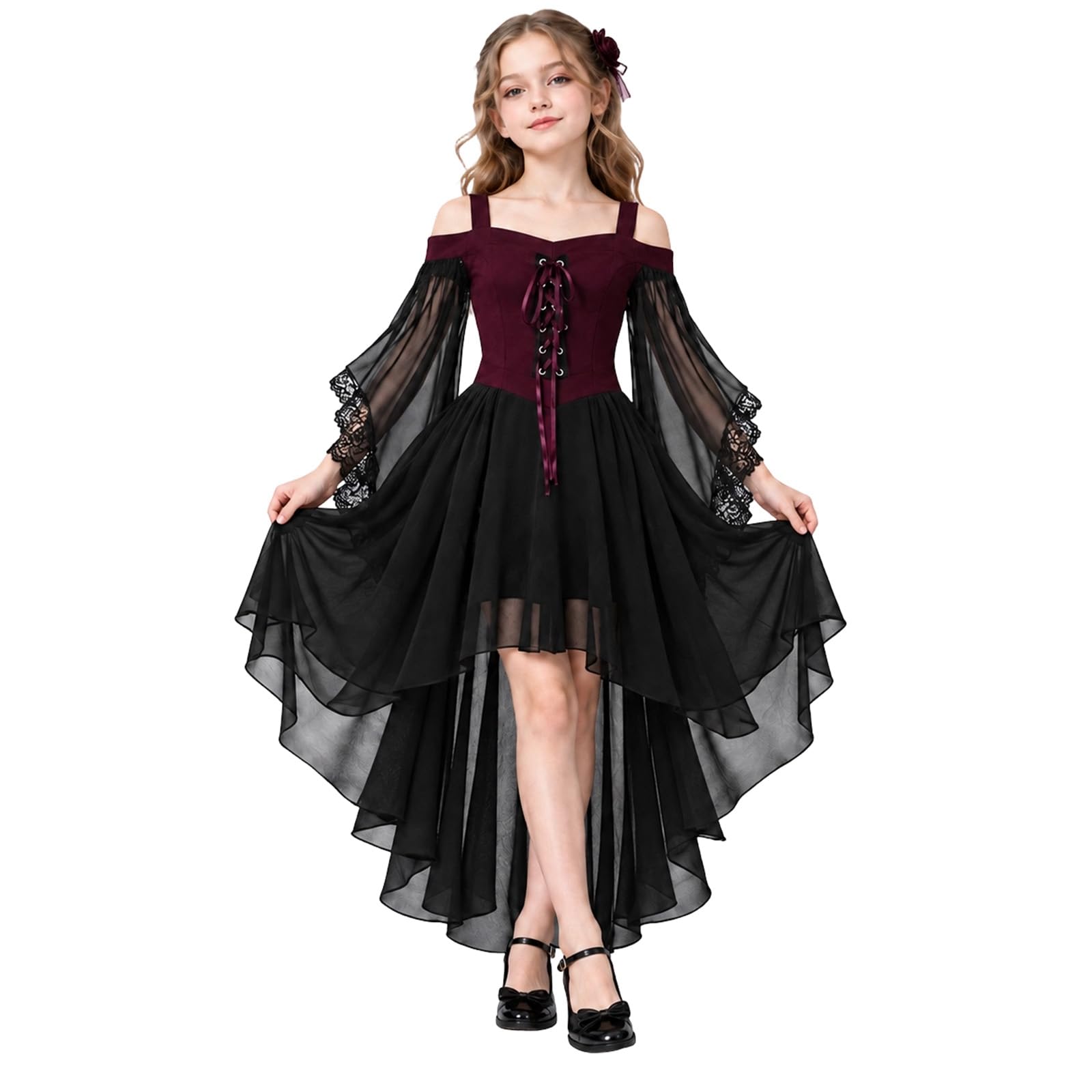 Girls Halloween Costume Flared Sleeve Medieval Costume Girls Gothic Retro Victorian Fancy Dress Renaissance Lace Up Gothic Clothes Pleated Witch Costume Vintage Dance Party