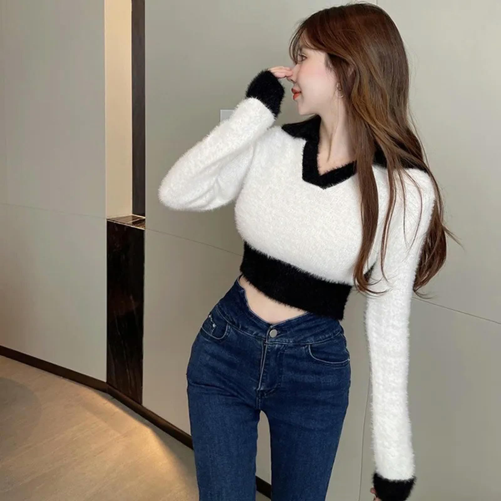 Ropa Mujer Autumn Winter Winter'S Sweater Slim Sexy Plush Vplush Color Bloqueo De Bloqueo De Color En V-b-Talla Única