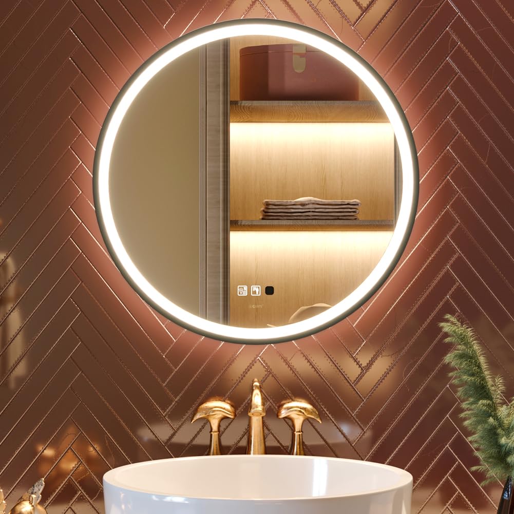 GANPE Specchio con sensore a LED, rotondo, a induzione del corpo umano, illuminato, dimmerabile, anti appannamento, impermeabile IP44, specchio da parete (60_x_60_cm)