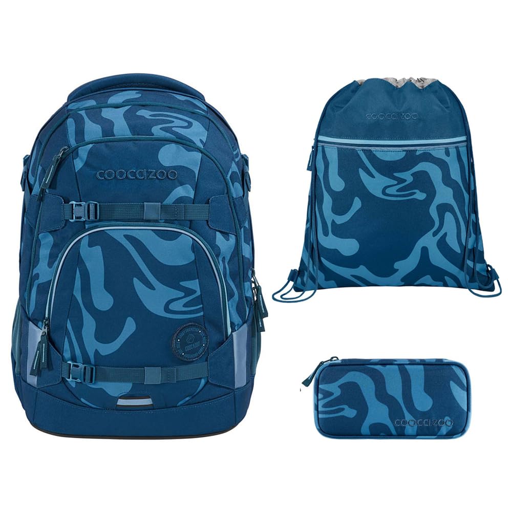coocazoo MATE Schulranzen-Set 3tlg für Mädchen und Jungen ab der 4. Klasse mit Rucksack. Schlamperetui und Sportbeutel (Breaking Waves)