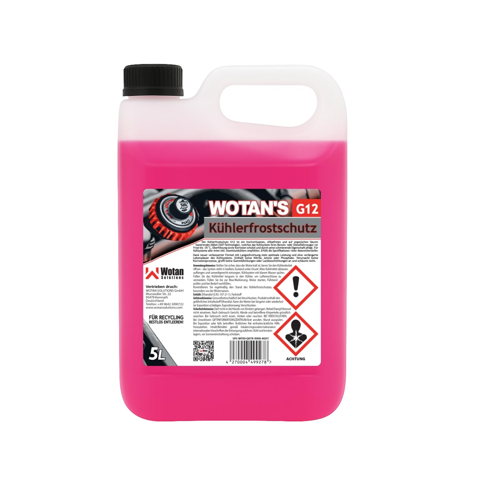 Wotan's 5L Kühlerfrostschutz G12 Gebrauchsfertig – Kühlmittel auf MEG-Basis – Silikatfrei & Glycerinfrei – Rot/Rosa – Für PKW, LKW & Maschinen – Korrosionsschutz (1x5L)