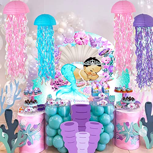 ADLKGG Pink Purple Blue Hanging Jelly Fish Paper Lanterns, Gradient Colorful Paper Lanterns for Mermaid Theme Party Under The Sea Ocean Birthday Decorations Baby Shower Baby Room