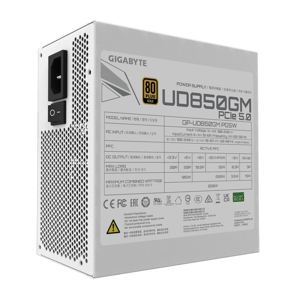 GIGABYTE UD850GM PG5W Fuente de Alimentación - PCIe 5.0, 80 Plus Gold, Diseño Totalmente Modular, Ventilador de 120 mm, Compatible con ATX 3.0, Enchufe EU