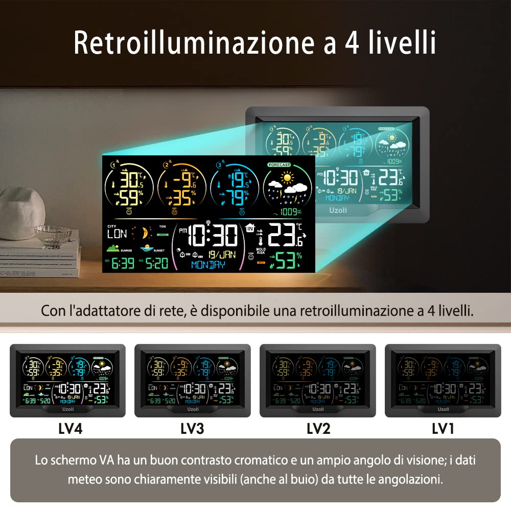Uzoli Stazione Meteo con 3 sensori termometro igrometro interno esterno orologio radiocontrollato previsione del tempo pressione aria alba tramonto maree fase lunare rischio muffa EM3390