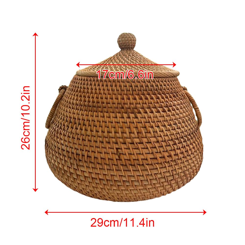Cesto portaoggetti in vimini con coperchio-cestino in rattan Cesto per frutta rotondo in rattan naturale leggero intrecciato a mano per frutta, verdura