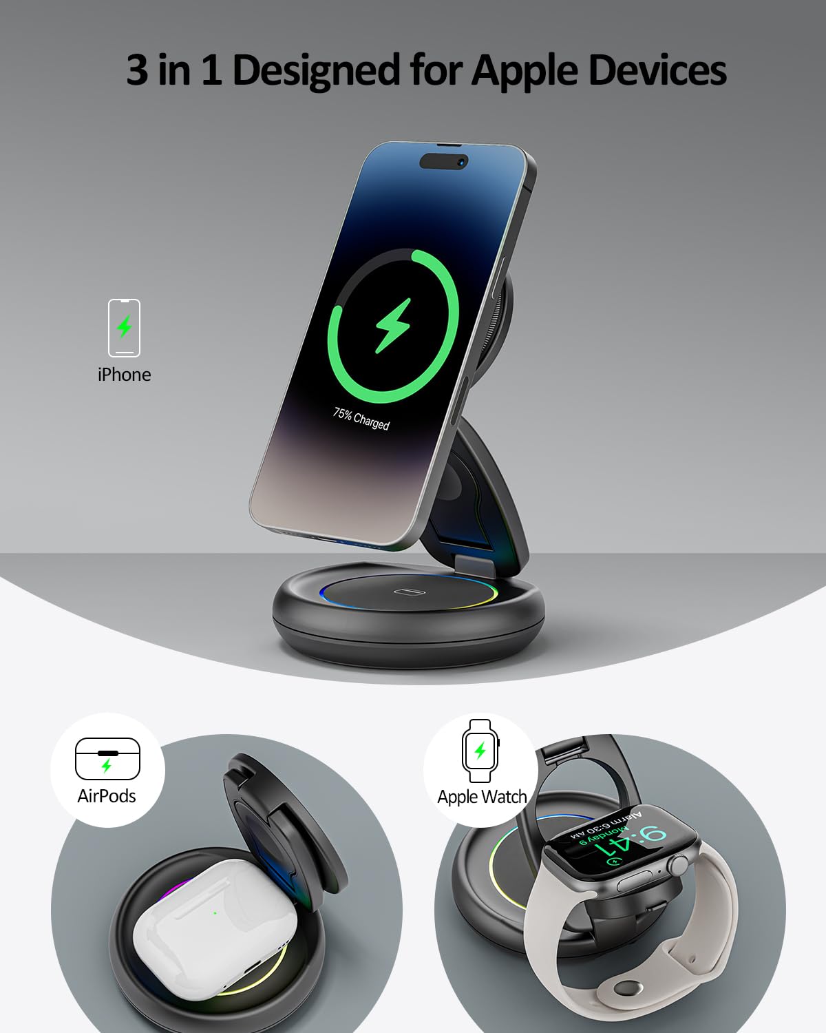 Stacja ładująca 3 w 1 do urządzeń Apple, indukcyjna stacja ładująca do iPhone 16 15 14 13 12 11 Pro Max, do Apple Watch 10/9/Ultra/8/7/6/SE/5/4/3, do AirPods Pro 4 3 2