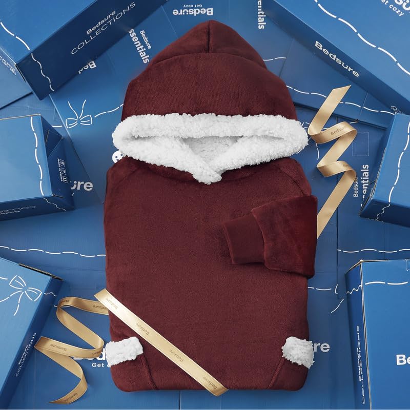 Image of Bedsure Wearable Blanket Hoodie, Long Hooded Blanket Sweatshirt as Christmas Birthday Gifts for Men, Cozy Sherpa Hoodie for Adult, Oversize, Burgundy