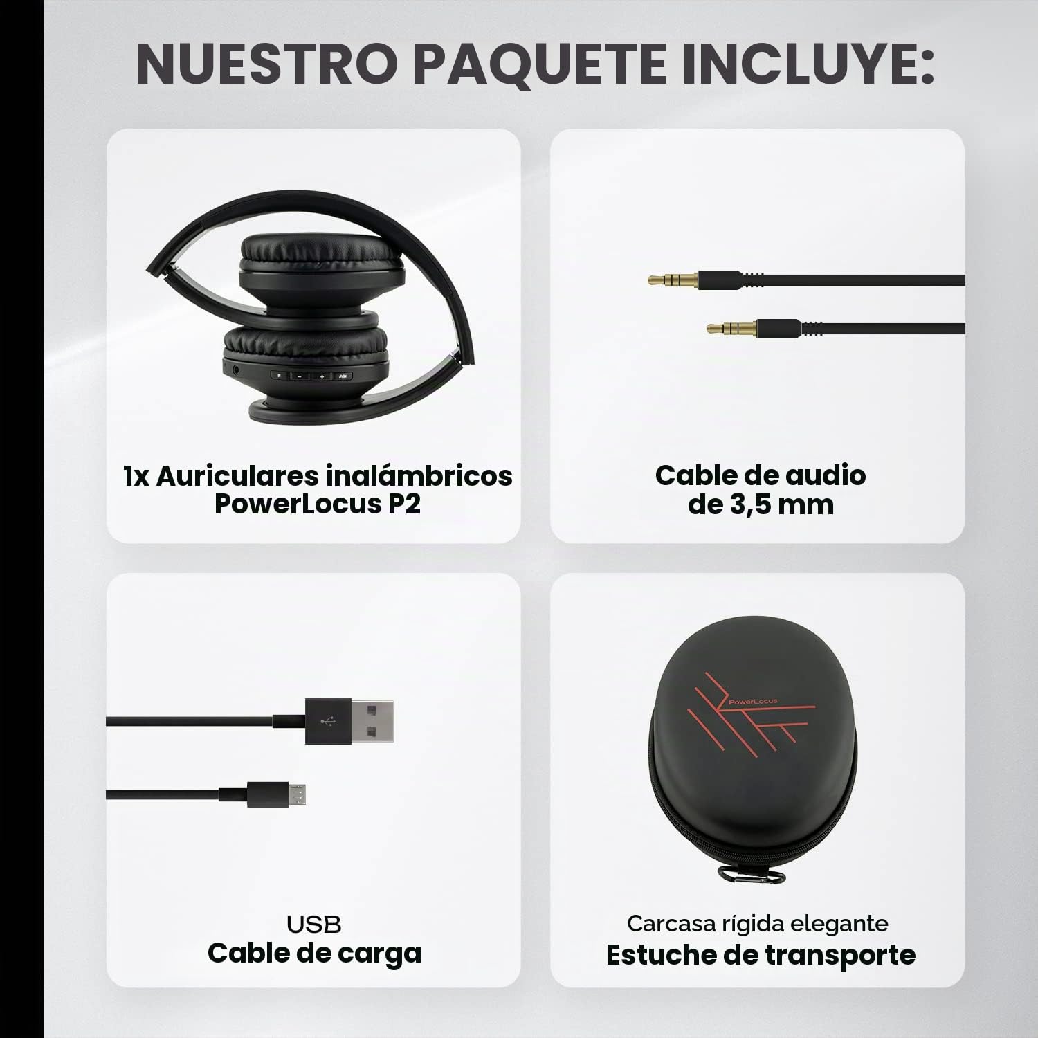 PowerLocus P2 - Auriculares Bluetooth inalambricos de Diadema Cascos Plegables, Casco Bluetooth con Sonido Estéreo Micro SD/TF, FM con micrófono y Audio Cable para Movil, PC, Tablet - Negro