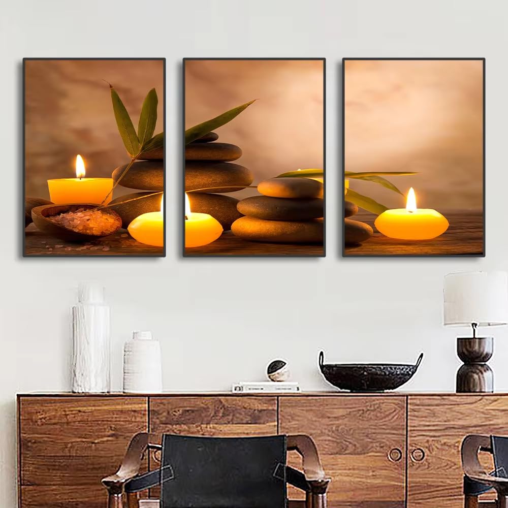 awtrhfc Frameless Canvas Paintings Print Wall Art Zen Stones Artwork Aromatic Burning Candles Spa Still Life Pictures(40x60cm(16x24in) x3/No frame)