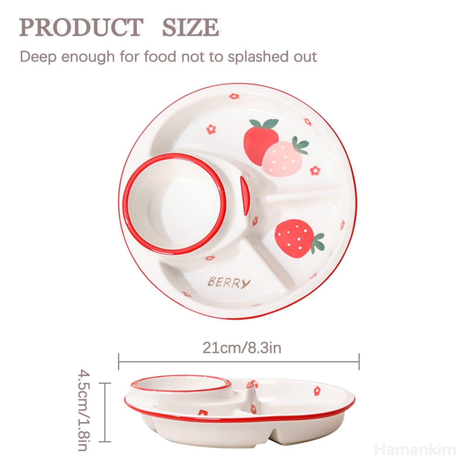 Speisetrenner, Portionskontrollteller, Dessertteller aus Keramik mit 4 unterteilten Servierplatten mit aufgedrucktem Obstmuster, Fast-Food-Mittagessentablett 1 Stück, 8-Zoll-Salatteller(Red)