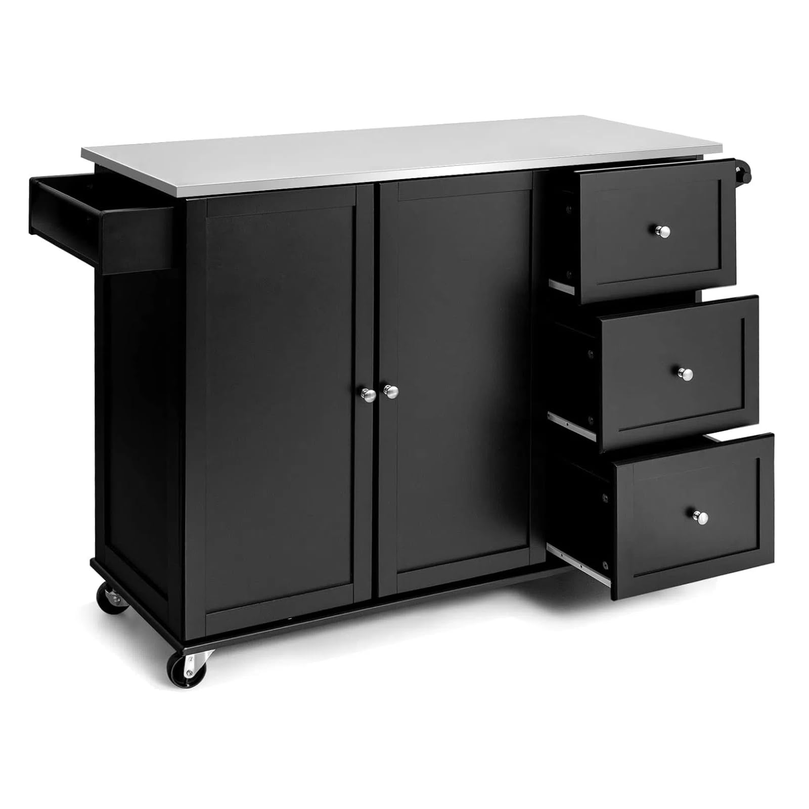 KOMFOTTEU Bewegliche Kücheninsel mit Edelstahl Arbeitsplatte, Küchenwagen mit 3 Schubladen & Handtuchhalter & Verstellbarer Ablage, Küchenschrank auf Rollen, Küchentrolley 135x45,5x91,5cm (Schwarz)