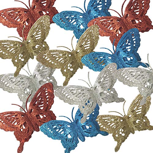 Butterfly Clip-On Decorations - Set of 12 Butterflies - Party Decorations - Craft Accessory - 4 Colors Blue Silver Red Gold - Each Measures 5 1/2