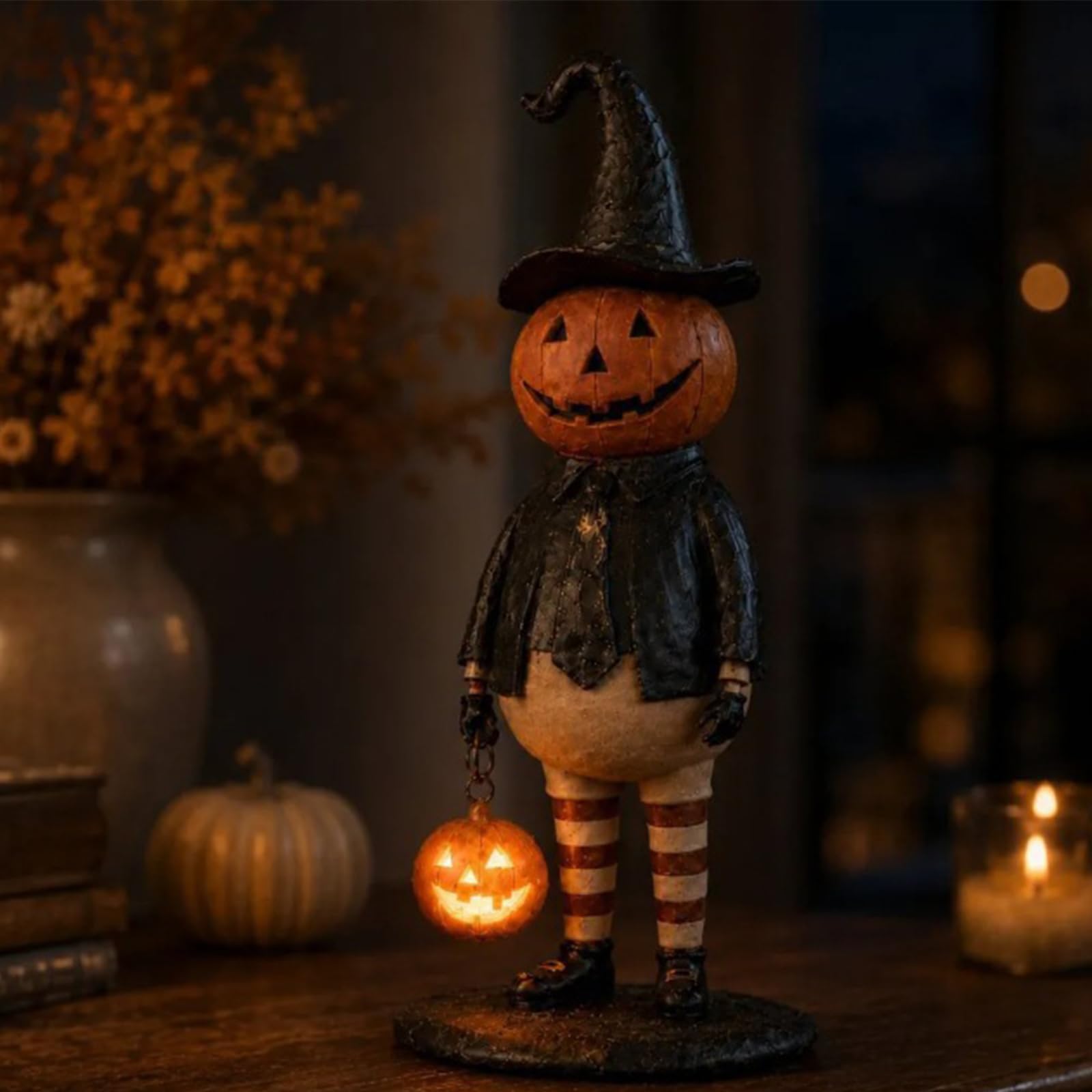 Halloween Pumpkin Head Figurine Rustic Figurine Decoration for Home (A)