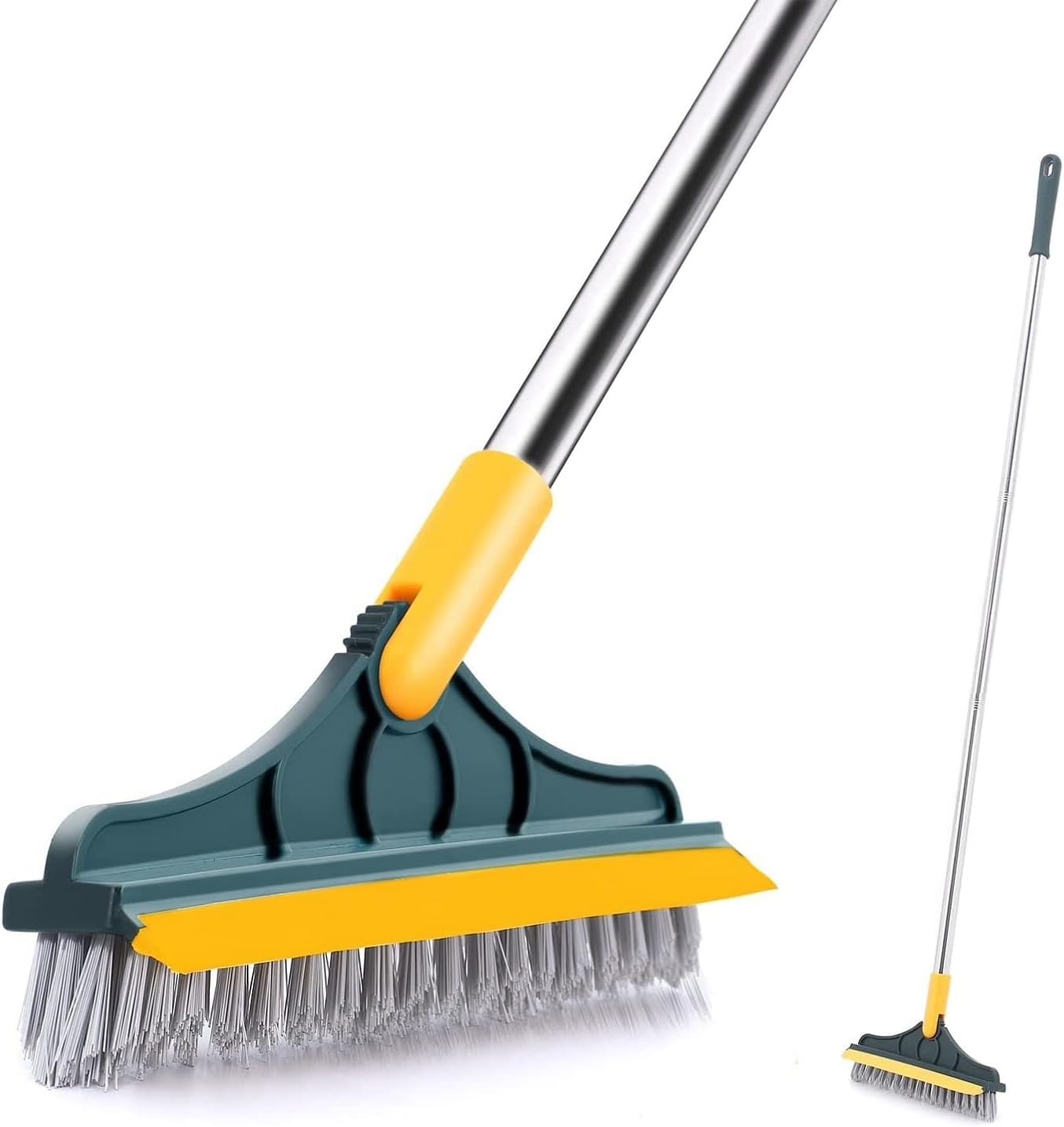 Epsilon Bathroom Tile Cleaning Brush with Long Handle 2 in 1 Toilet Floor Scrub, Wiper 120° Rotating Supplies for Household, Home Accessories (2 in 1 Brush, Rubber,Stainless Steel, Yellow)