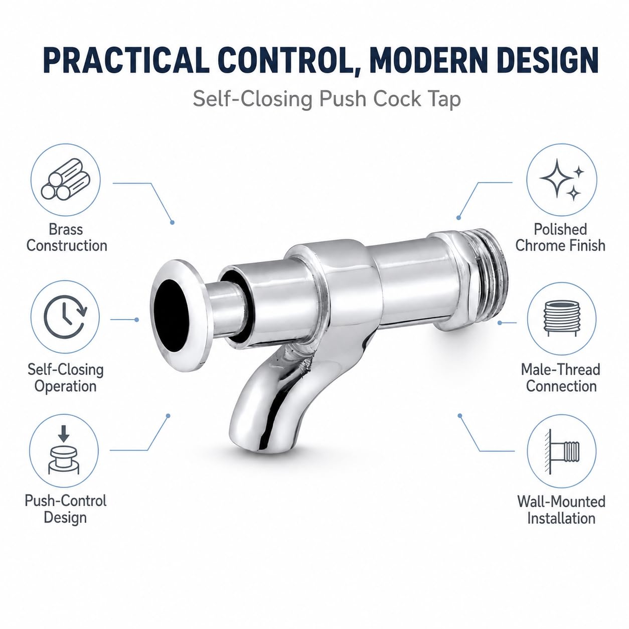 ZAP Chrome Brass Push Tap - Self-Closing Water Tap -5 ZAP Chrome Brass Push Tap - Self-Closing Water Tap -5