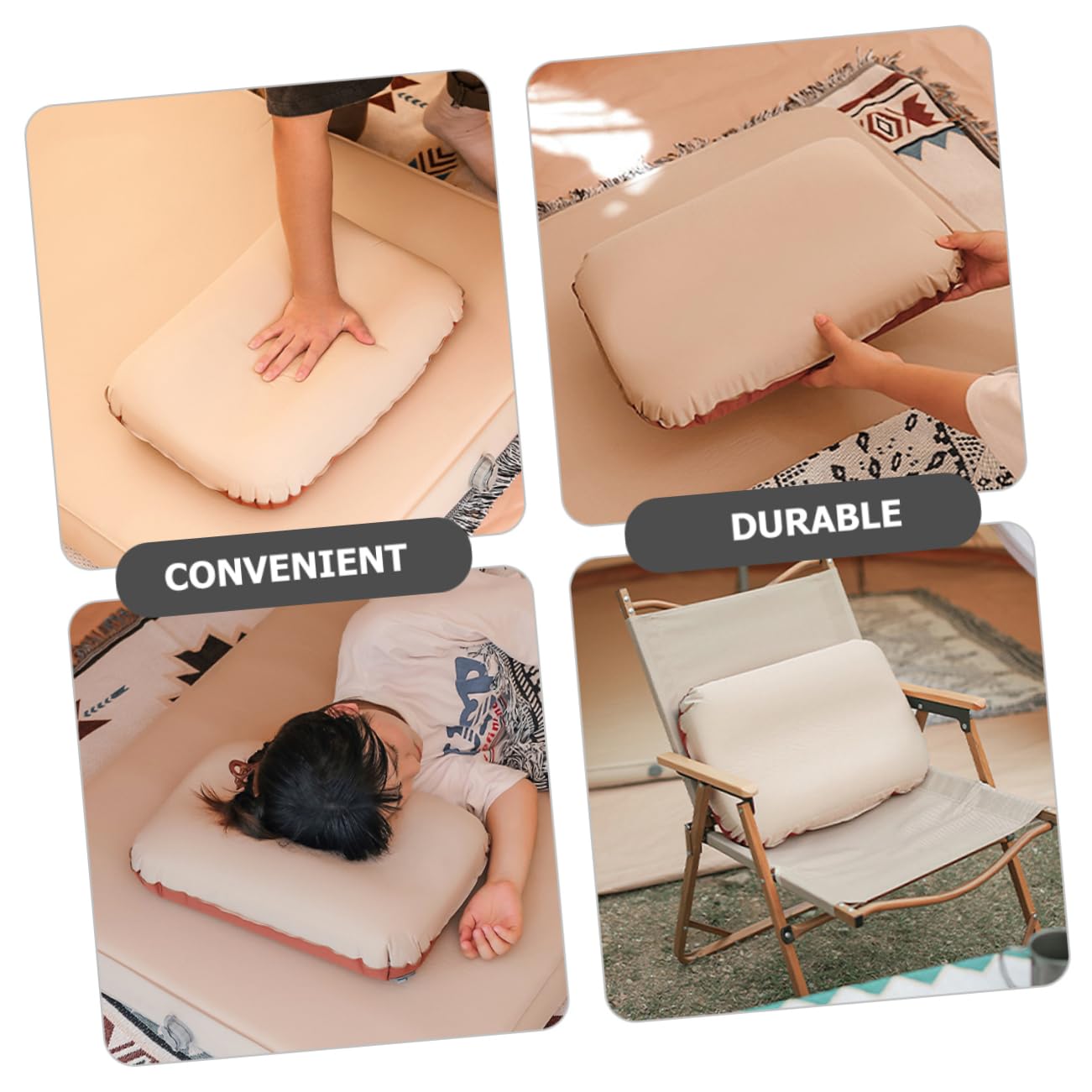 TOYANDONA Oreiller Gonflable de Voyage Beige, Hauteur Réglable, Design Ergonomique, Mousse et Polyester Pongé, Facile à Dégonfler pour Vacances et Camping