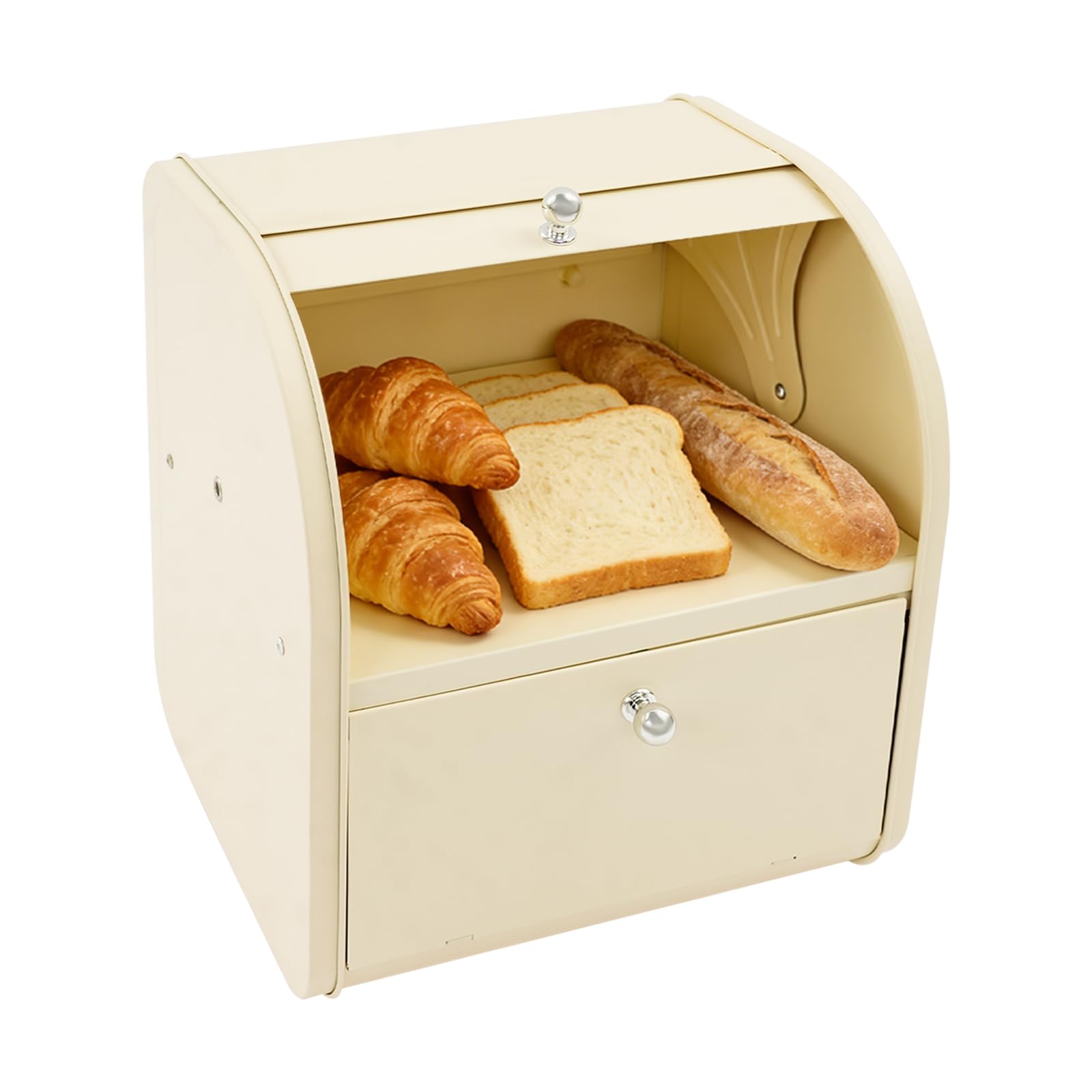 Brotkasten 2 Etagen mit Rolltop Deckel, Metall Brotbox 30x25x33cm (Beige) | Brotbehälter aus Kohlenstoffstahl, 2 Fächer mit Separatem Zugang, Luftdurchlässige Seitenlöcher