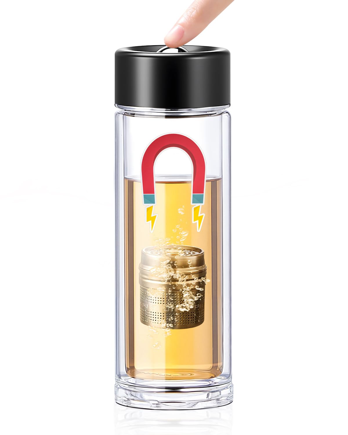 TEAVOR MagnaDrop Tea Tumbler – Double Wall Glass Tea Infuser Cup with Magnetic Steep Control & Bead Switch, Leakproof Travel Mug for Loose Leaf,