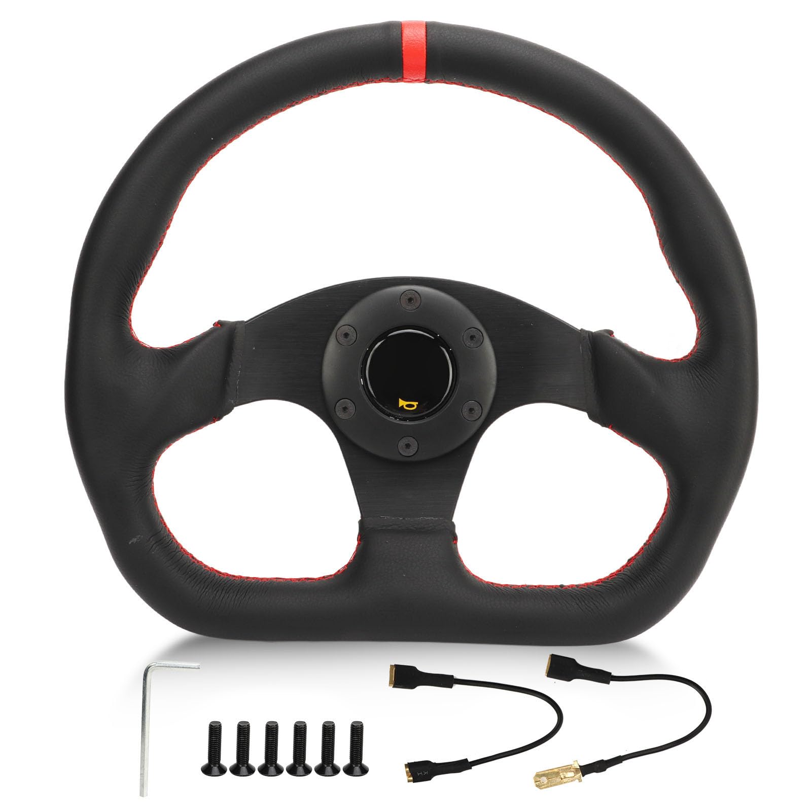 Universal-Auto-Lenkrad vom Typ D, schwarzer Rahmen mit Lederummantelung, sportlicher Rennstil, zum Driften und Ersatz-Carbonfaser-Look