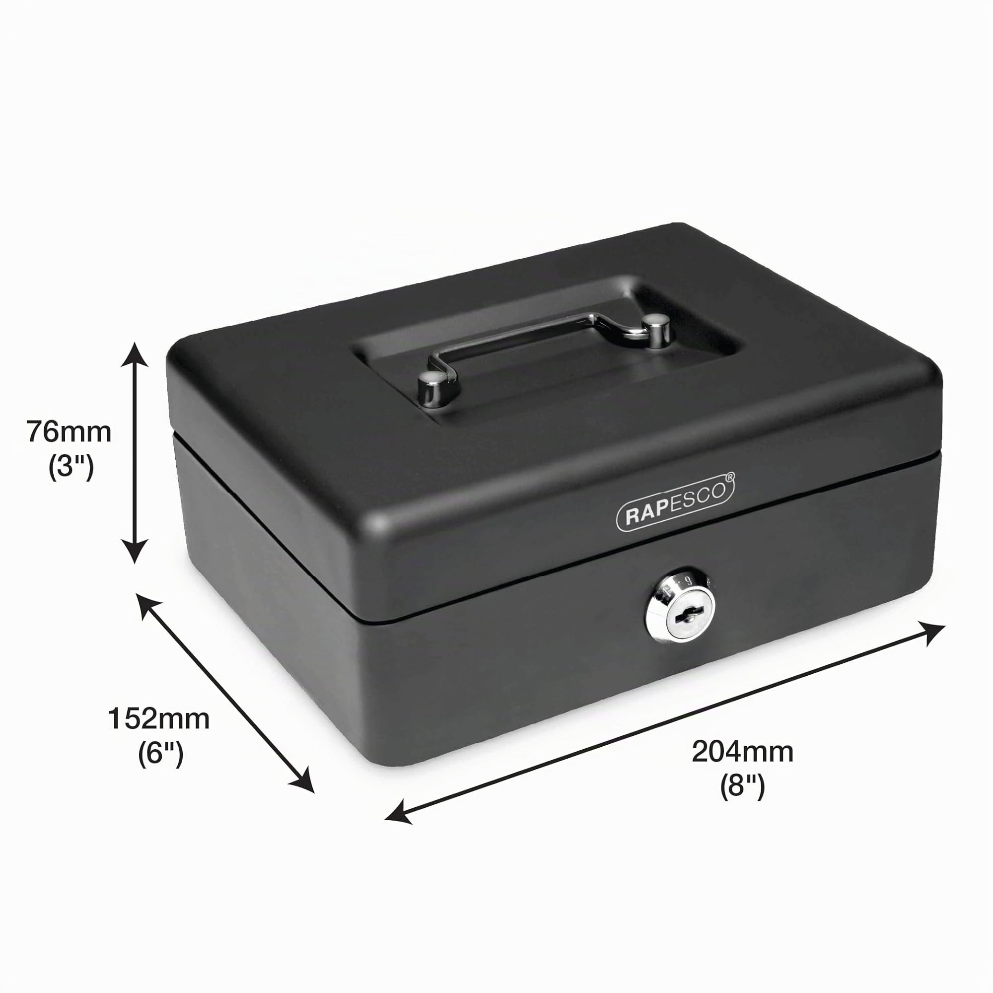 Rapesco SB0008B1 Caja de Caudales Portátil Pequeña, Ancho 20 cm, 3 llaves y Bandeja Portamonedas Extraíble, Negro