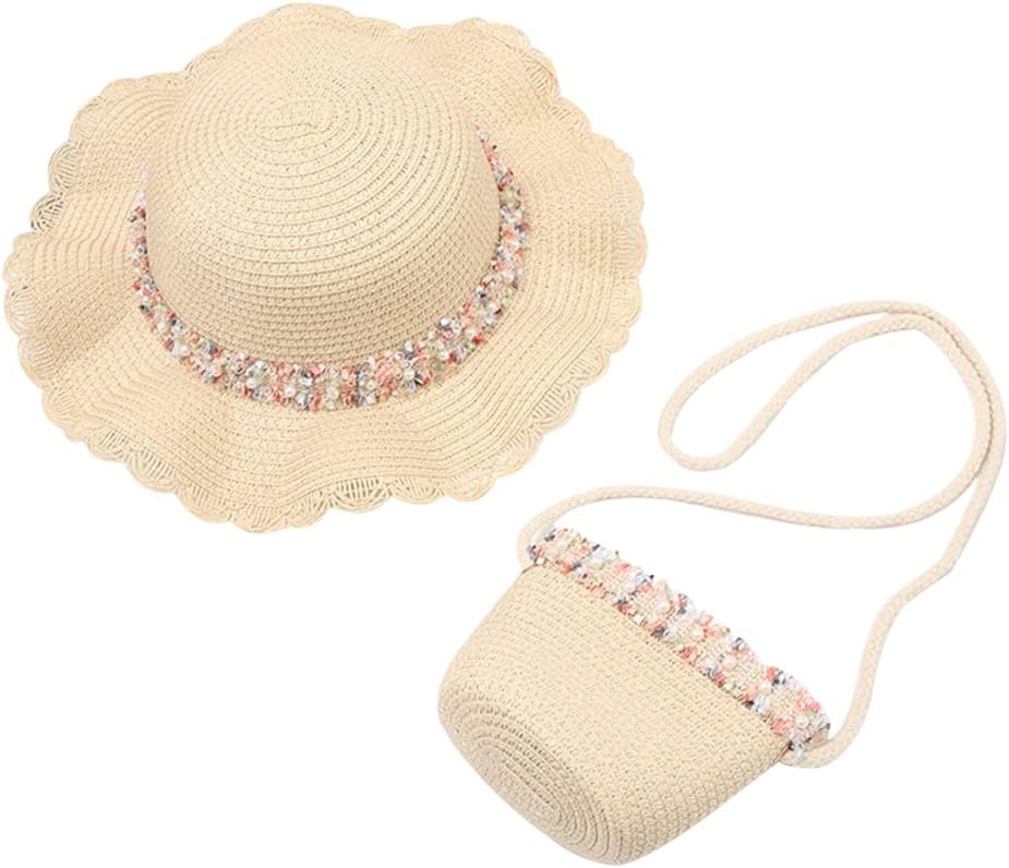 Summer Straw Hat Bag Set, Cute Wide Brim Floppy Beach Sun Hats with Straw Woven Shoulder Bag Outdoor Outfit Set for Girls