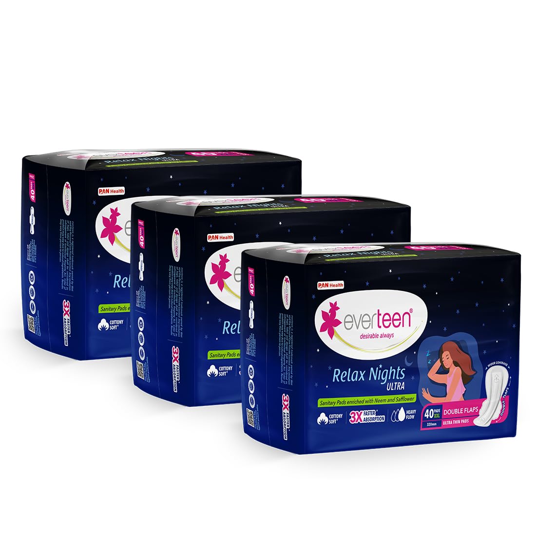 EverteenXXL Relax Nights Ultra Thin Sanitary Pads with Neem and Safflower, Menstrual Cramps Roll-On Inside Pack - 3 Packs (40 Pads Each, 320mm)