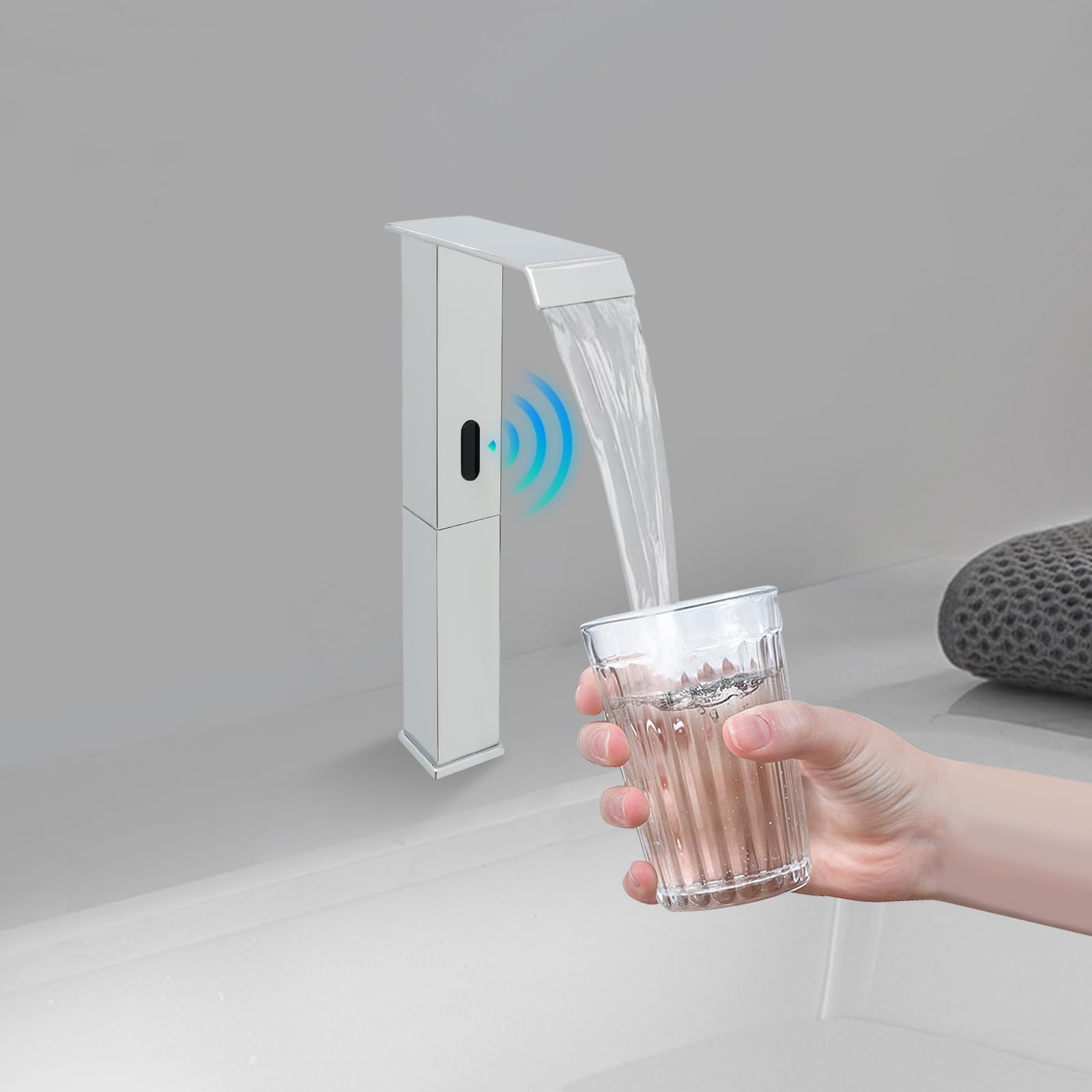 Hoch Infrarot Sensor Wasserfall Wasserhahn Armatur aus Messing, Automatische Waschbeckenarmatur mit Einstellbares Temperaturventil, Berührungslose Mischbatterie Waschtischarmatur (Silber)