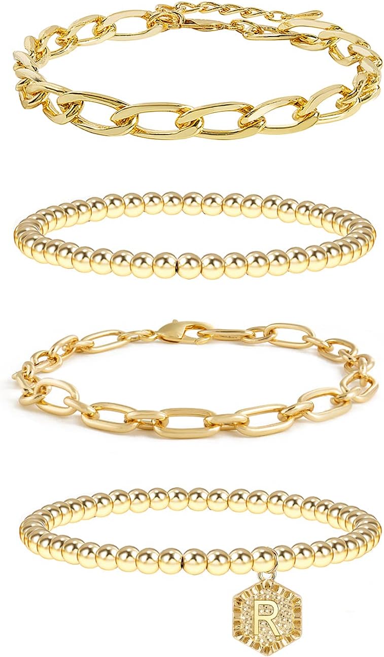 Gold Plated Bracelets For Women Gold Initial Bracelets Stackable Bead Bracelet Set Layered Gold Chain Bangles Cute Bracelets