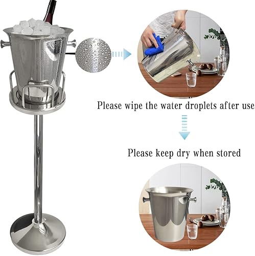 Miniatura 2 de Cubo de hielo con soporte 201 Cubo de hielo de acero inoxidable de pie martillado cubo de hielo de 13 libras con asa de transporte para vino,