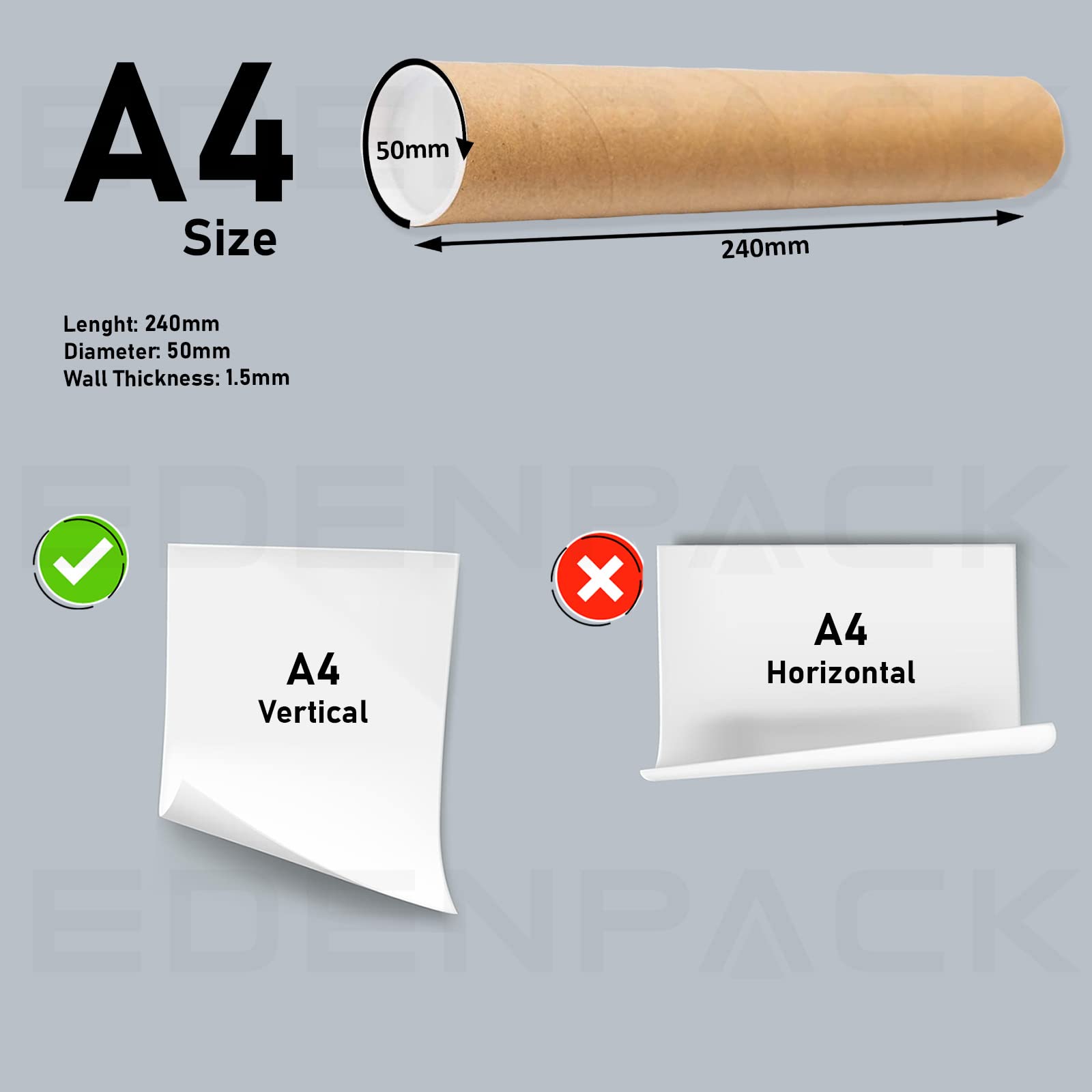 Tubos postales A4 de tamaño pequeño de 240 mm x 50 mm para envío, pósteres, obras de arte, pinturas, documentos, planos, sobres de tubo de cartón resistente + tapas finales (50)