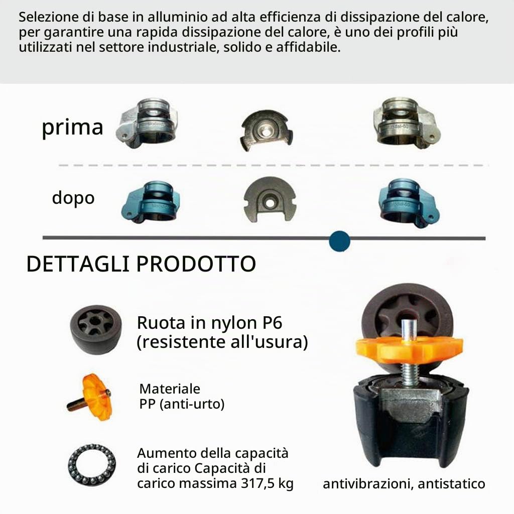 Skelang 4 Ruote Livellanti Con Mandrino Filettato, Leggere per Impieghi Gravosi, Retrattili 60S in Nylon, 250kg per Ruota