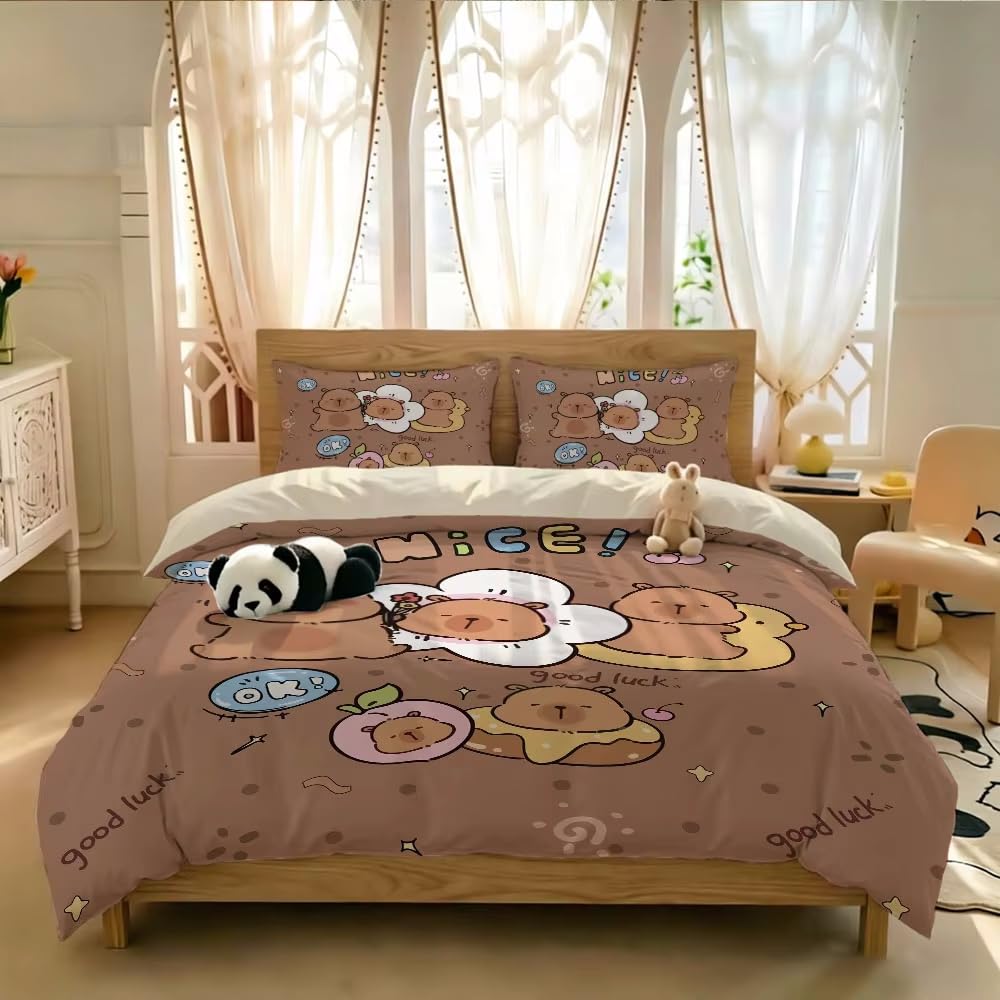 Zestaw pościeli w rozmiarze king size, brązowa kapibara, dla dzieci w wieku letnim, poszewka na kołdrę z zamkiem błyskawicznym i 2 poszewkami na poduszki 50 cm x 75 cm, miękka, oddychająca