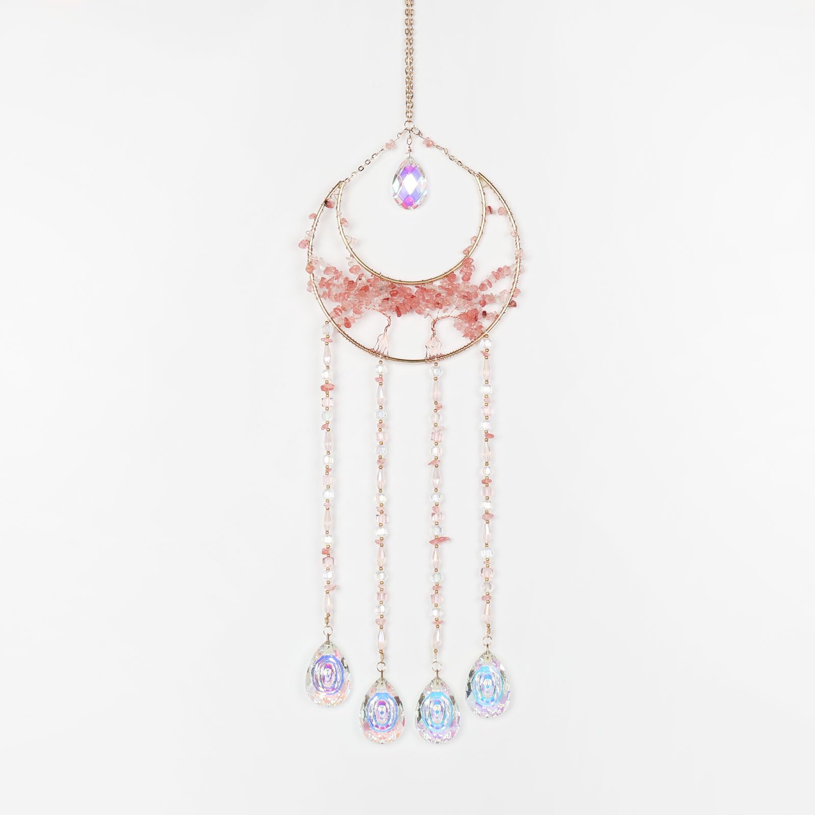 Acchiappasogni a forma di luna grande, con pietre preziose rosa, albero della vita, con cristalli e ciondolo in vetro prismatico, realizzato a mano, decorazione da parete per adulti, camera da letto