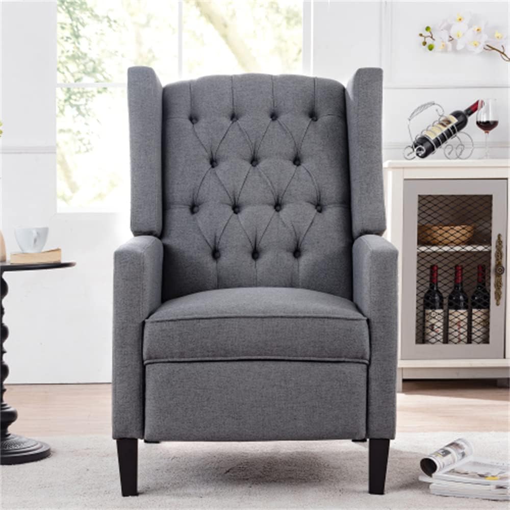 Arm Pushing Recliner Chair, Modern Button Tufted Wingback Manual Push Back Recliner Chair with Nailhead Trim & Wood Legs, Upholstered Living Room Chair Single Reclining Sofa Home Theater Seating Grey